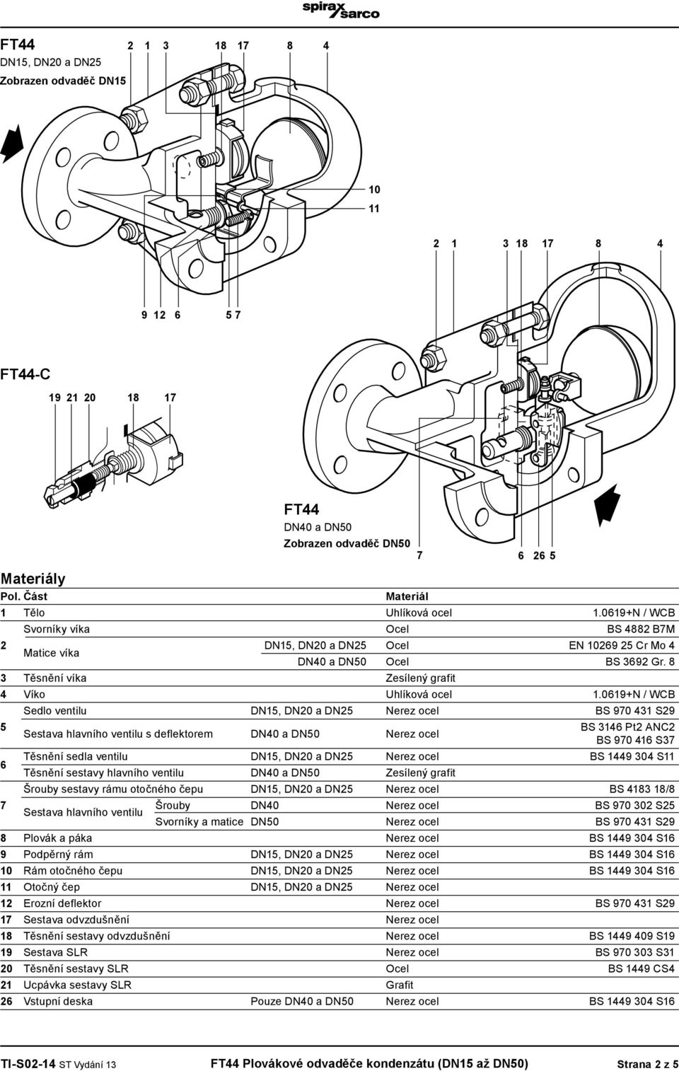 0619+N / WCB 5 6 Sedlo ventilu DN15, DN20 a DN25 Nerez ocel BS 90 431 S29 s deflektorem DN40 a DN50 Nerez ocel BS 3146 Pt2 ANC2 BS 90 416 S3 Těsnění sedla ventilu DN15, DN20 a DN25 Nerez ocel BS 1449