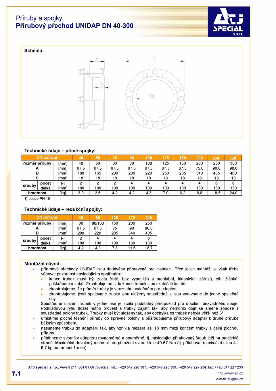 9,8 18,5 24,0 1) pouze PN 16 Technické údaje redukční spojky: 65 80 125 175 200 rozměr příruby 80 80/100 150 200 250 A 67,5 67,5 75 90 90,0 D 200 220 285 340 405 počet [-] 2 4 4 4 6 délka 100 100 100