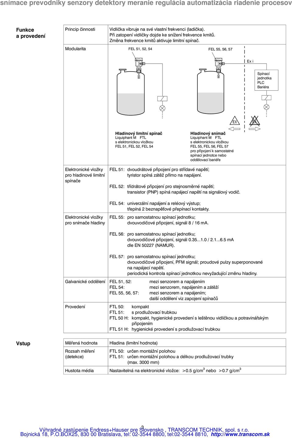 FEL 51, 52, 54 FEL 55, 56, 57 Ex i Spínací jednotka PLC Bariéra EX EX Hladinový limitní spínač Liquiphant M FTL s elektronickou vložkou FEL 51, FEL 52, FEL 54 Hladinový snímač Liquiphant M FTL s