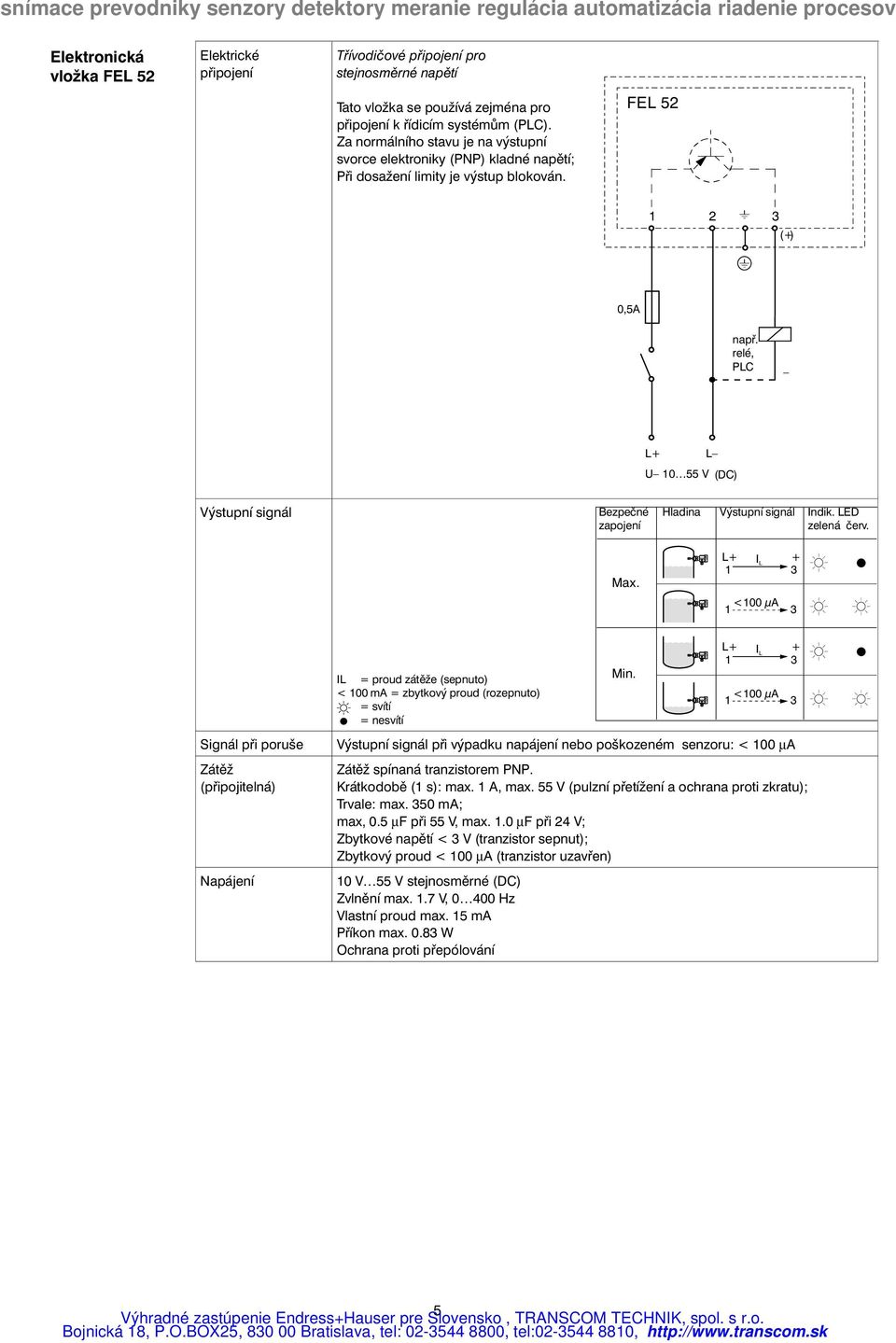 relé, PLC L+ L U 10 55 V (DC) Výstupní signál Bezpečné zapojení Hladina Výstupní signál Indik. LED zelená červ. Max.