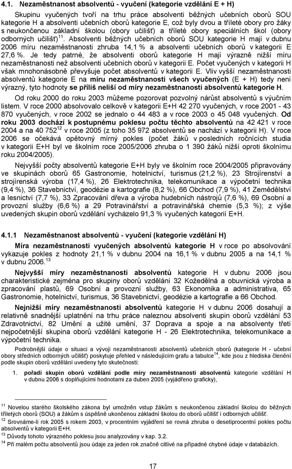 Absolventi běžných učebních oborů SOU kategorie H mají v dubnu 2006 míru nezaměstnanosti zhruba 14,1 % a absolventi učebních oborů v kategorii E 27,6 %.