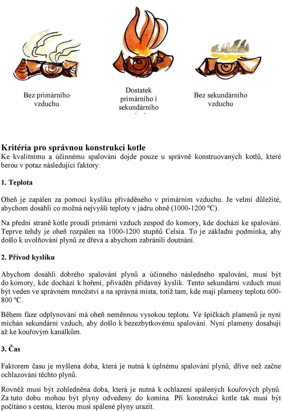 Je velmi důležité, abychom dosáhli co možná nejvyšší teploty v jádru ohně (1000-1200 ºC). Na přední straně kotle proudí primární vzduch zespod do komory, kde dochází ke spalování.