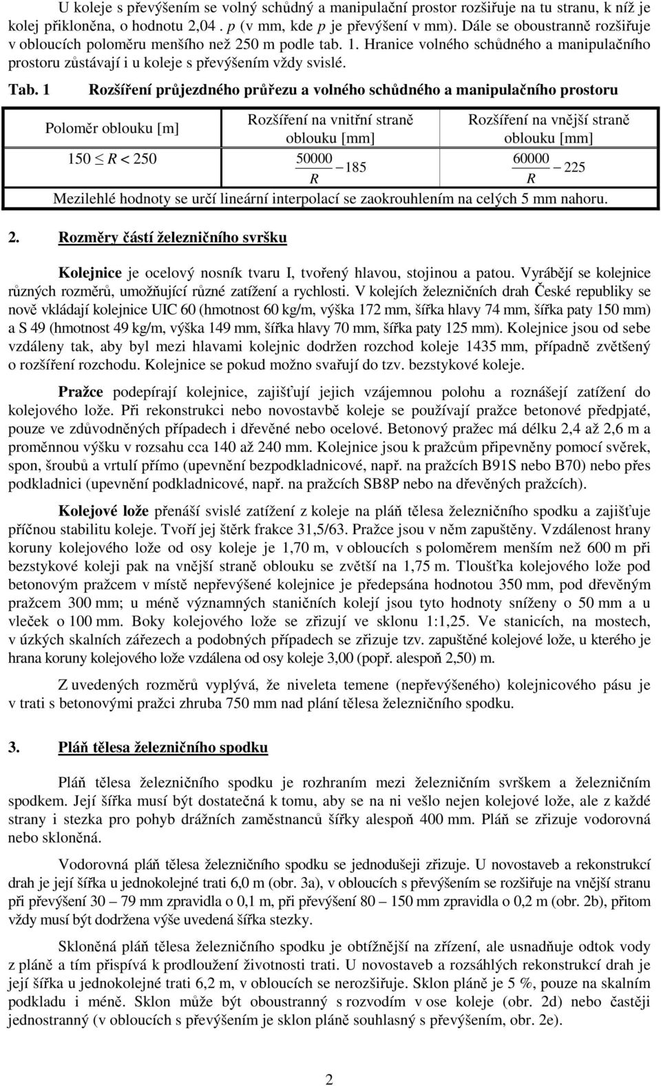 1 Rozšíření průjezdného průřezu a volného schůdného a manipulačního prostoru Rozšíření na vnitřní straně Rozšíření na vnější straně Poloměr oblouku [m] oblouku [mm] oblouku [mm] 150 R < 250 50000