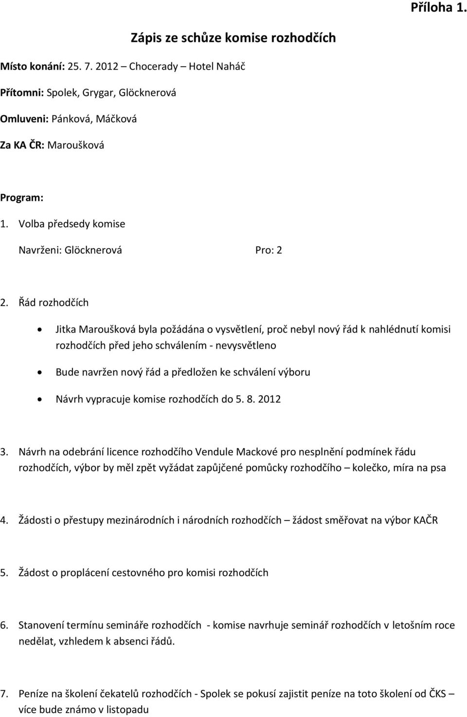 Řád rozhodčích Jitka Maroušková byla požádána o vysvětlení, proč nebyl nový řád k nahlédnutí komisi rozhodčích před jeho schválením - nevysvětleno Bude navržen nový řád a předložen ke schválení