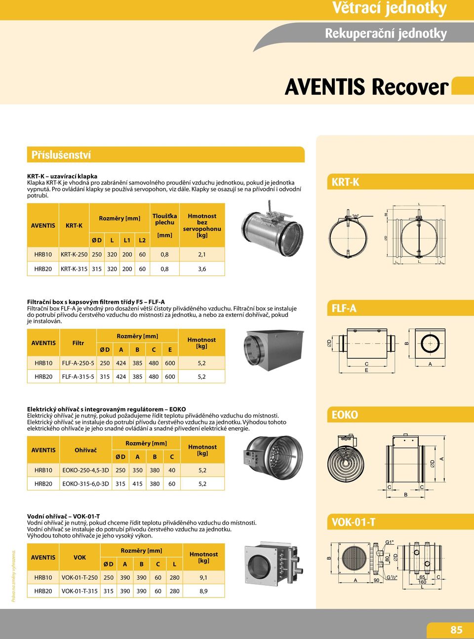 KRT-K KRT-K Rozměry [mm] Ø D L L1 L2 Tloušťka plechu [mm] bez servopohonu HRB10 KRT-K-250 250 320 200 60 0,8 2,1 HRB20 KRT-K-315 315 320 200 60 0,8 3,6 Filtrační box s kapsovým filtrem třídy F5 FLF-A