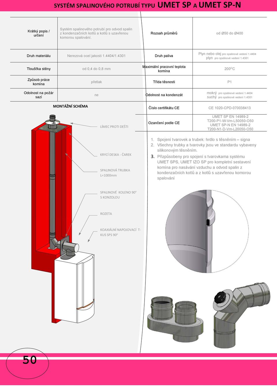 4301 Tloušťka stěny od 0,4 do 0,8 mm Maximální pracovní teplota komína 200 O C Způsob práce komína přetlak Třída těsnosti P1 Odolnost na požár sazí ne Odolnost na kondenzát mokrý pro spalinové vedení
