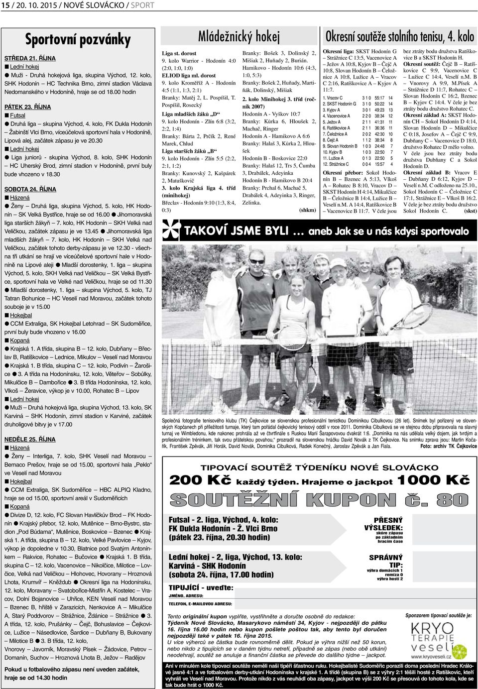 kolo, FK Dukla Hodonín Žabinští Vlci Brno, víceúčelová sportovní hala v Hodoníně, Lipová alej, začátek zápasu je ve 20.30 n Lední hokej l Liga juniorů - skupina Východ, 8.