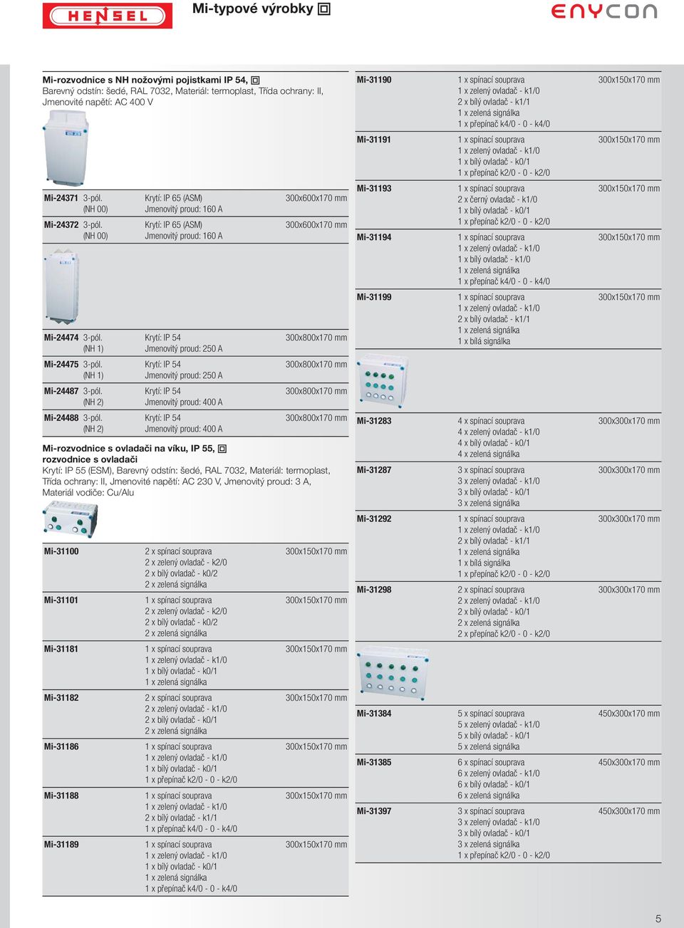 (NH 00) Krytí: IP 65 (ASM) Jmenovitý proud: 160 A Krytí: IP 65 (ASM) Jmenovitý proud: 160 A 300x600x170 mm 300x600x170 mm Mi-31193 Mi-31194 2 x černý ovladač - k1/0 1 x bílý ovladač - k0/1 1 x