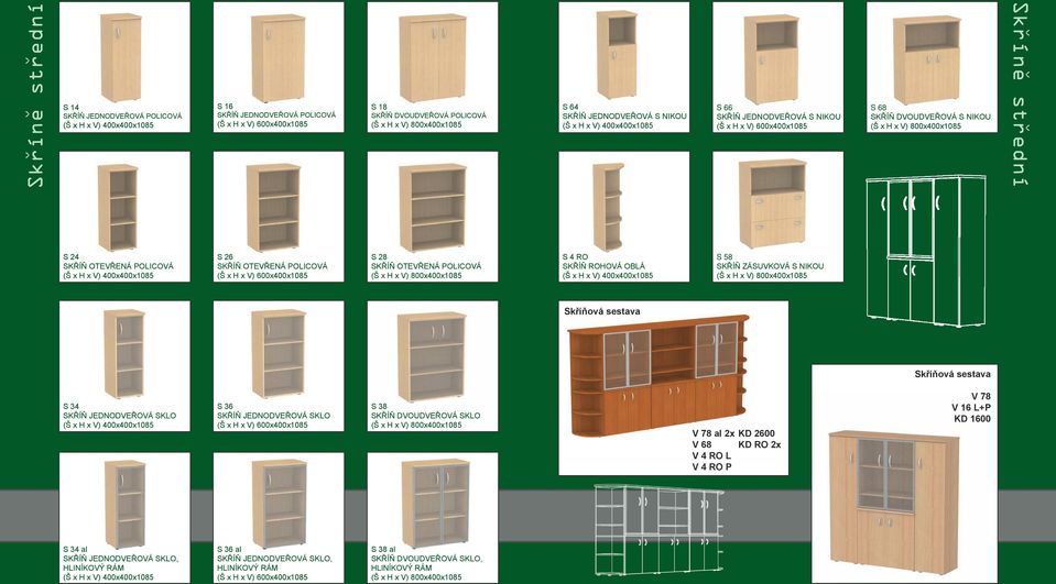 ZÁSUVKOVÁ S NIKOU Skříňová sestava Skříňová sestava S 34 SKŘÍŇ JEDNODVEŘOVÁ SKLO S 36 SKŘÍŇ JEDNODVEŘOVÁ SKLO S 38 SKŘÍŇ DVOUDVEŘOVÁ SKLO V 78 al 2x