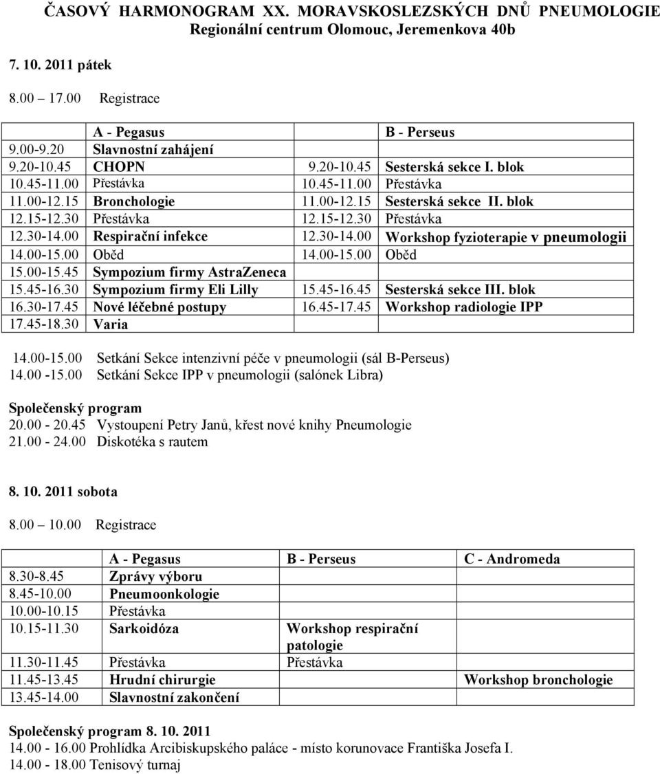 00 Respirační infekce 12.30-14.00 Workshop fyzioterapie v pneumologii 14.00-15.00 Oběd 14.00-15.00 Oběd 15.00-15.45 Sympozium firmy AstraZeneca 15.45-16.30 Sympozium firmy Eli Lilly 15.45-16.45 Sesterská sekce III.