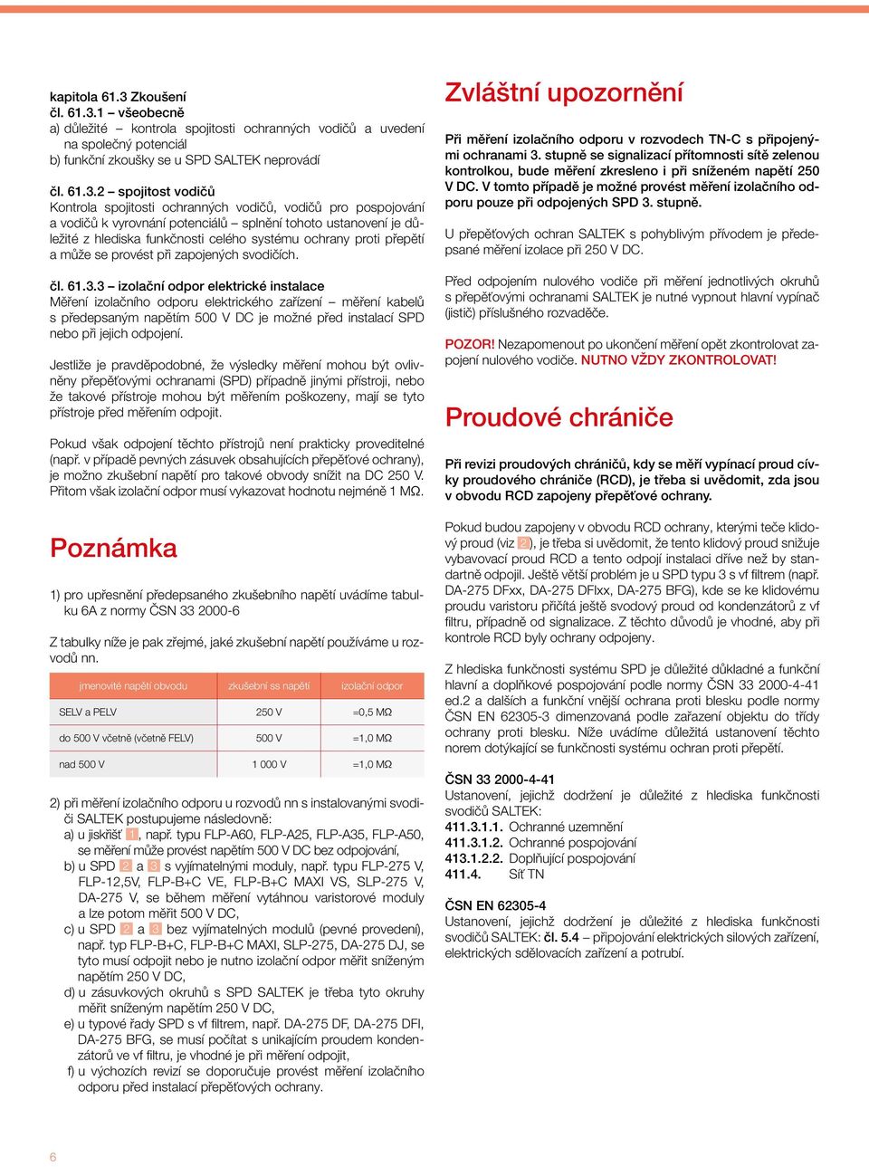 1 všeobecně a) důležité kontrola spojitosti ochranných vodičů a uvedení na společný potenciál b) funkční zkoušky se u SPD SALTEK neprovádí čl. 61.3.