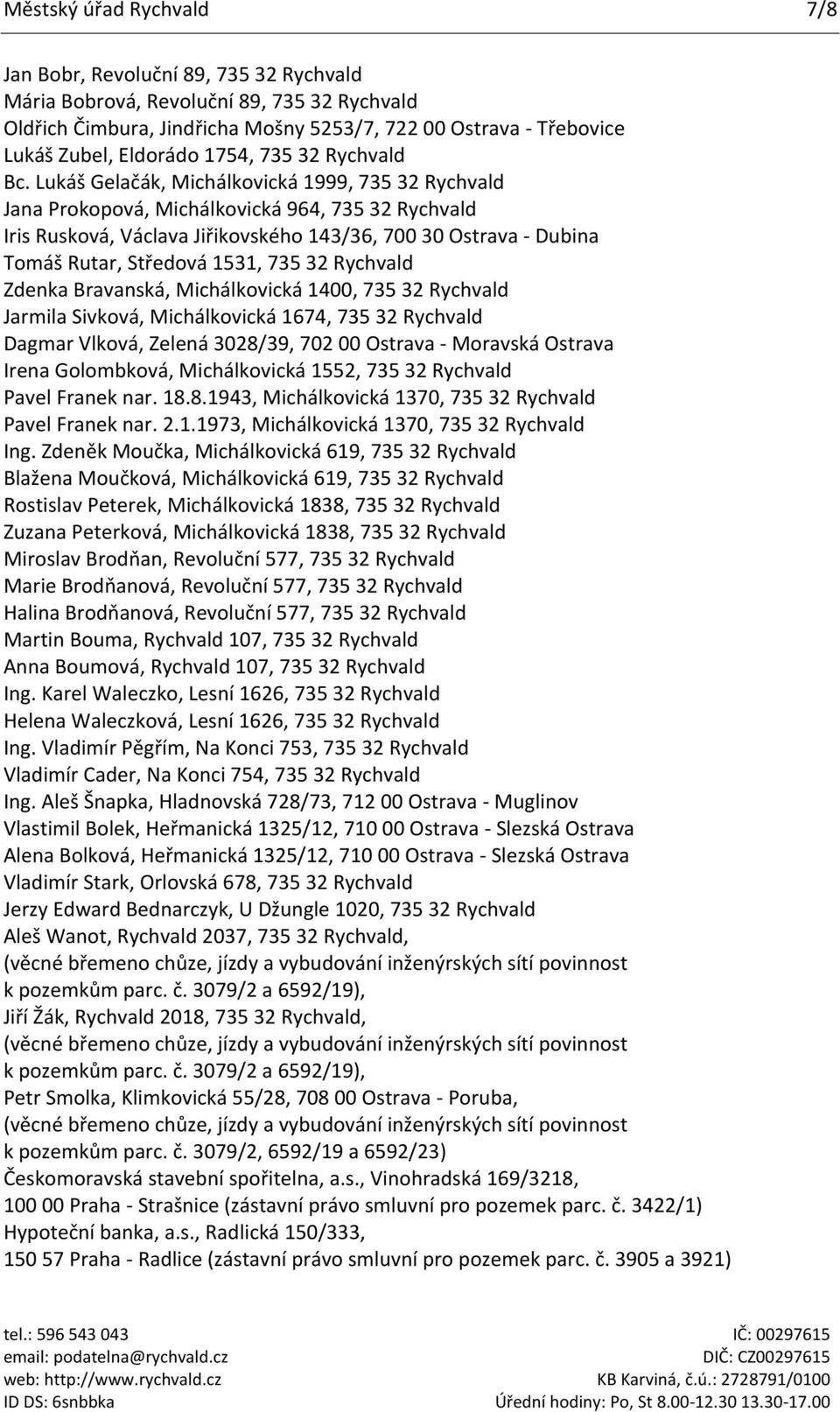 Lukáš Gelačák, Michálkovická 1999, 735 32 Rychvald Jana Prokopová, Michálkovická 964, 735 32 Rychvald Iris Rusková, Václava Jiřikovského 143/36, 700 30 Ostrava - Dubina Tomáš Rutar, Středová 1531,