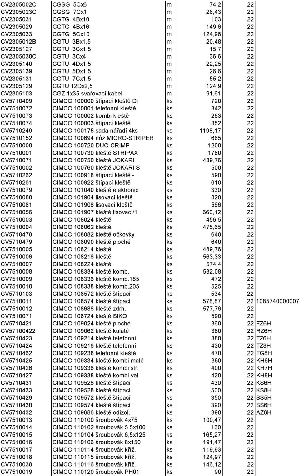 CV2305103 CGZ 1x35 svařovací kabel m 91,61 22 CV5710409 CIMCO 100000 štípací kleště Di ks 720 22 CV7510072 CIMCO 100001 telefonní kleště ks 342 22 CV7510073 CIMCO 100002 kombi kleště ks 283 22