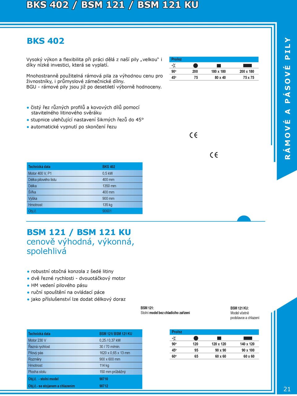 čistý řez různých profilů a kovových dílů pomocí stavitelného litinového svěráku stupnice ulehčující nastavení šikmých řezů do 45 automatické vypnutí po skončení řezu Technická data BKS 402 Motor 400