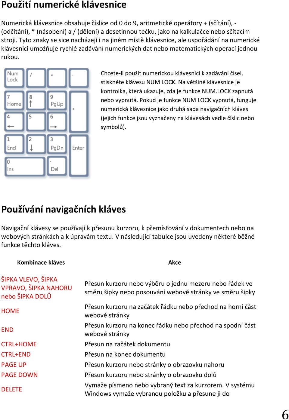 Chcete-li použít numerickou klávesnici k zadávání čísel, stiskněte klávesu NUM LOCK. Na většině klávesnice je kontrolka, která ukazuje, zda je funkce NUM.LOCK zapnutá nebo vypnutá.