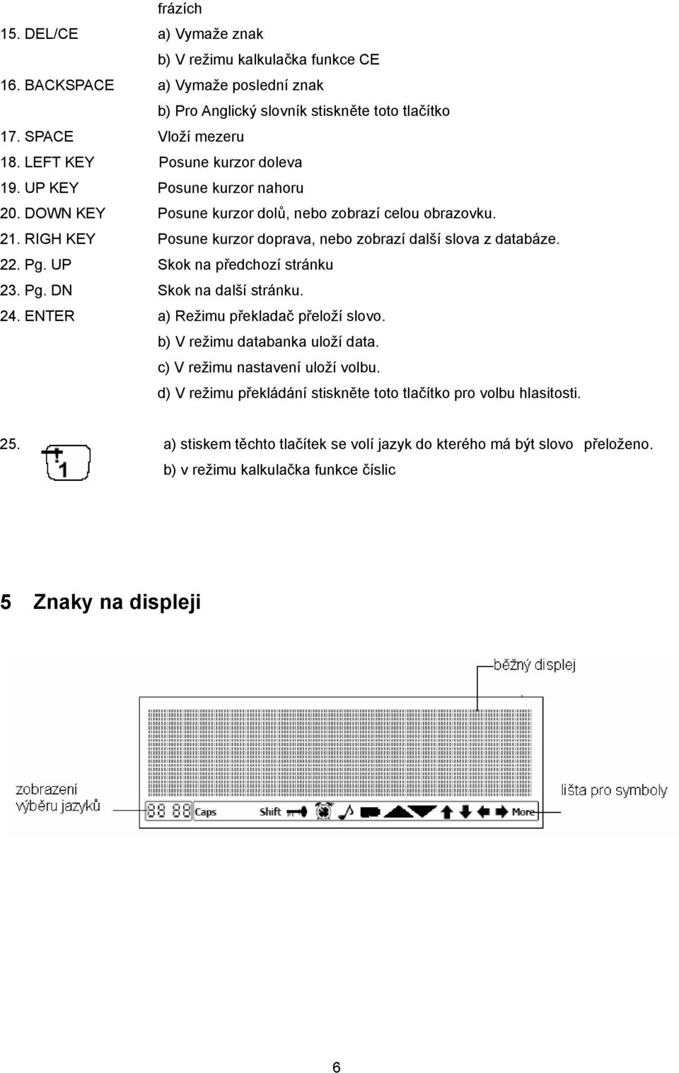 RIGH KEY Posune kurzor doprava, nebo zobrazí další slova z databáze. 22. Pg. UP Skok na předchozí stránku 23. Pg. DN Skok na další stránku. 24. ENTER a) Režimu překladač přeloží slovo.