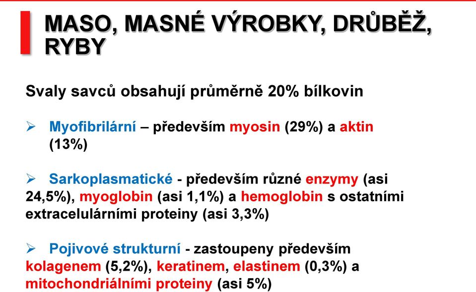 myoglobin (asi 1,1%) a hemoglobin s ostatními extracelulárními proteiny (asi 3,3%) Pojivové