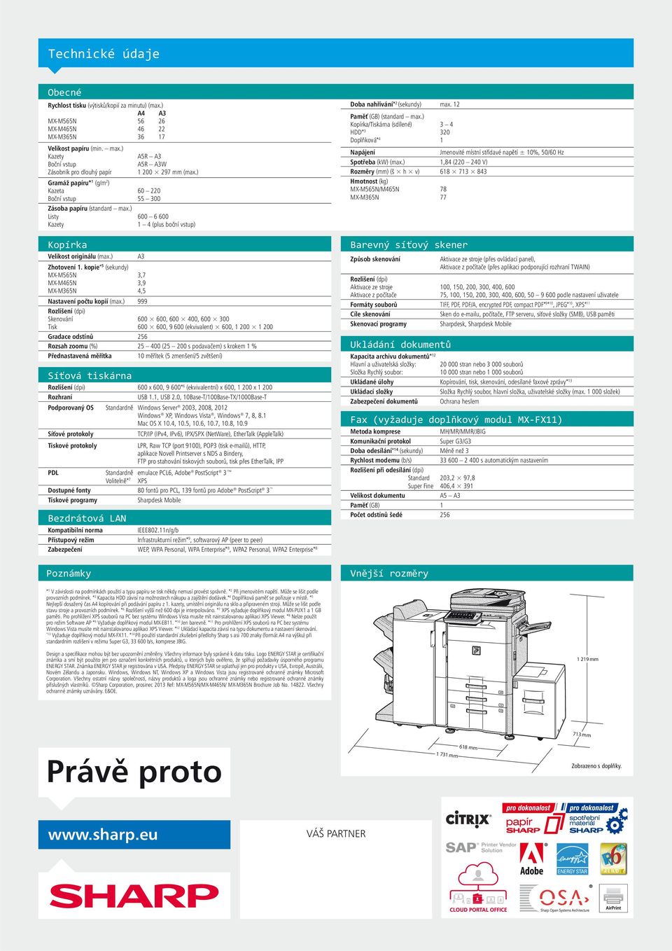 ) Listy 600 6 600 Kazety 1 4 (plus boční vstup) Kopírka Velikost originálu (max.) A3 Zhotovení 1. kopie* 5 (sekundy) MX-M565N 3,7 MX-M465N 3,9 MX-M365N 4,5 Nastavení počtu kopií (max.