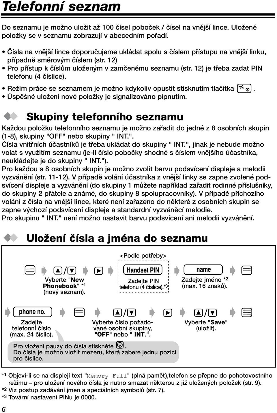 12) je tfieba zadat PIN telefonu (4 ãíslice). ReÏim práce se seznamem je moïno kdykoliv opustit stisknutím tlaãítka. Úspû né uloïení nové poloïky je signalizováno pípnutím.
