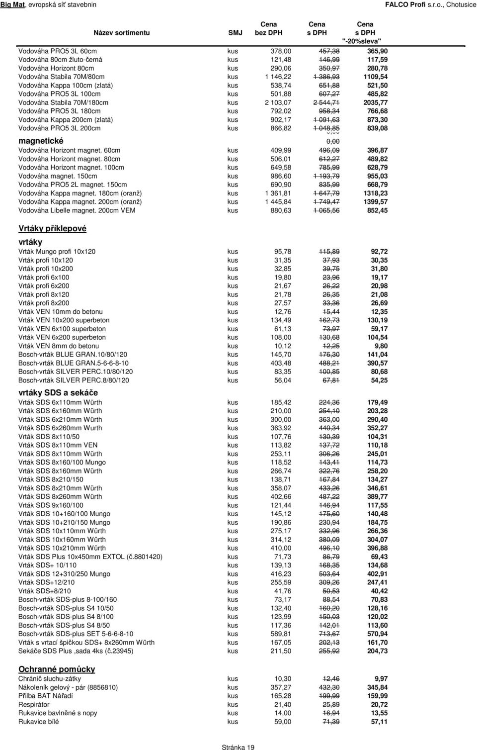 792,02 958,34 766,68 Vodováha Kappa 200cm (zlatá) kus 902,17 1 091,63 873,30 Vodováha PRO5 3L 200cm kus 866,82 1 048,85 0,00 839,08 magnetické 0,00 Vodováha Horizont magnet.