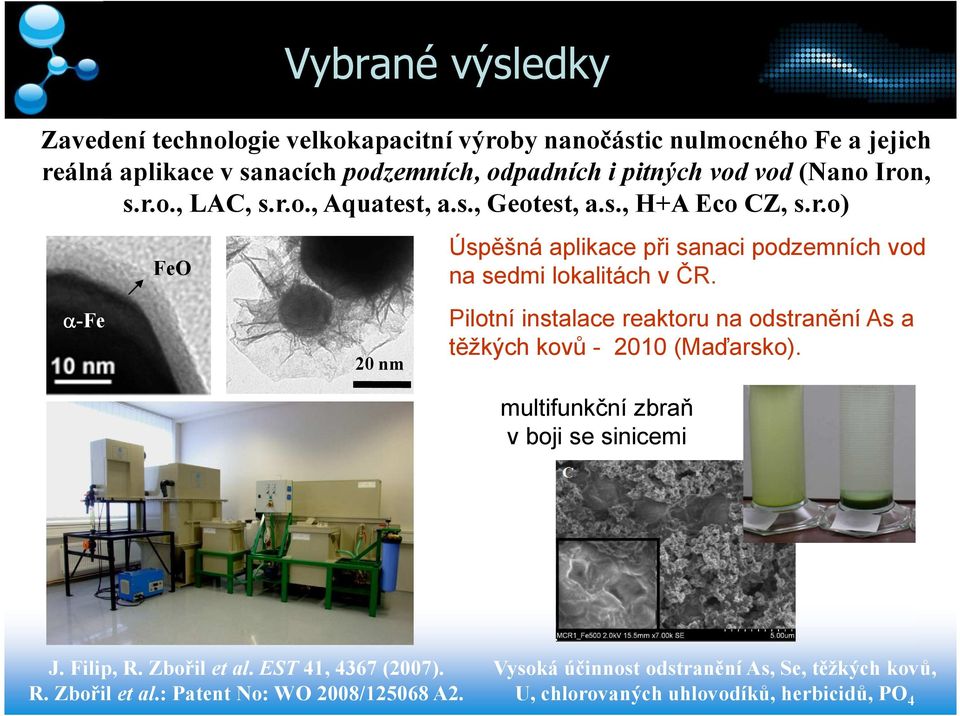 Pilotní instalace reaktoru na odstranění As a těžkých kovů - 2010 (Maďarsko). multifunkční zbraň v boji se sinicemi J. Filip, R. Zbořil et al.