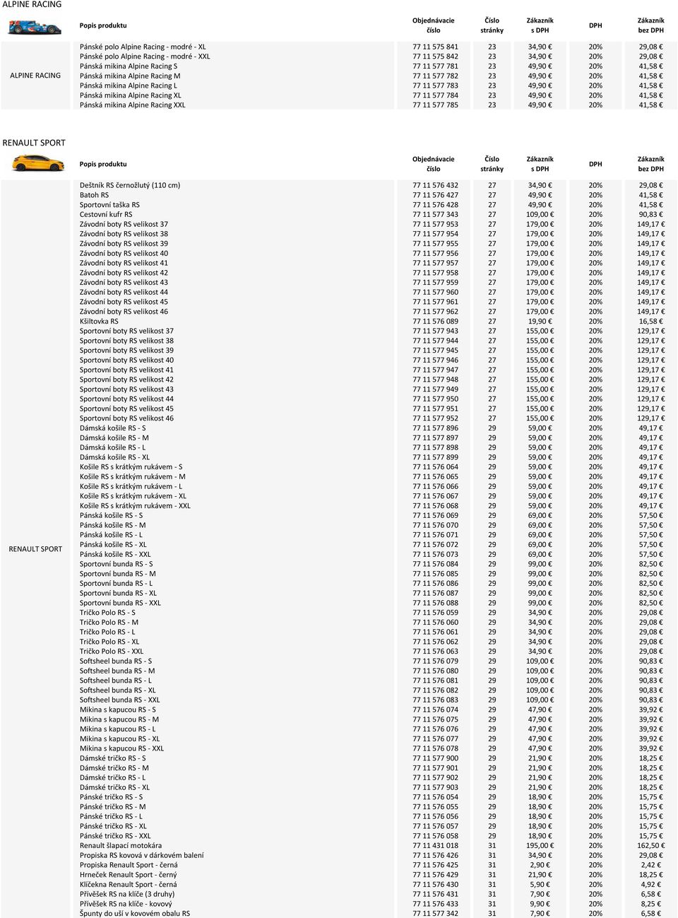 77 11 577 784 23 49,90 20% 41,58 Pánská mikina Alpine Racing XXL 77 11 577 785 23 49,90 20% 41,58 RENAULT SPORT bez RENAULT SPORT Deštník RS černožlutý (110 cm) 77 11 576 432 27 34,90 20% 29,08 Batoh