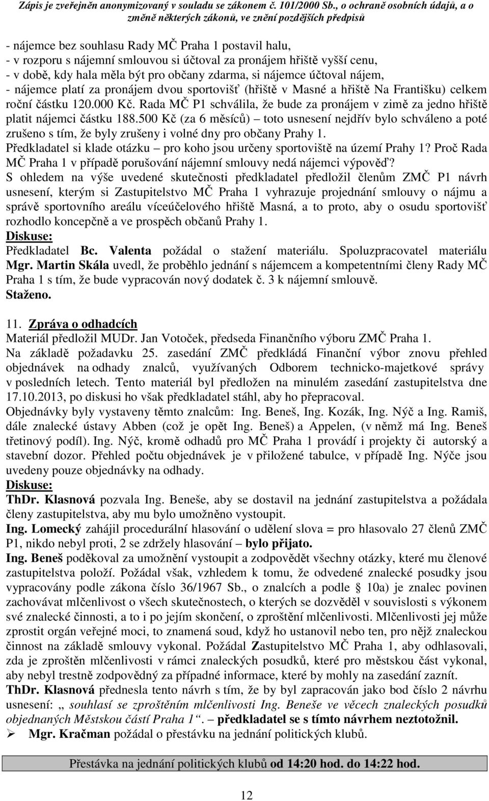 Rada MČ P1 schválila, že bude za pronájem v zimě za jedno hřiště platit nájemci částku 188.