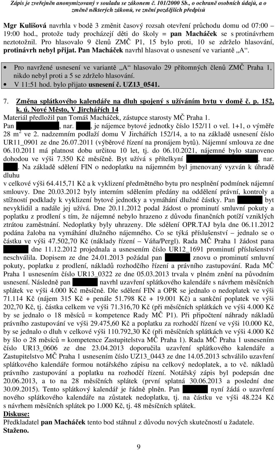 Pro navržené usnesení ve variantě A hlasovalo 29 přítomných členů ZMČ Praha 1, nikdo nebyl proti a 5 se zdrželo hlasování. V 11:51 hod. bylo přijato usnesení č. UZ13_0541. 7.