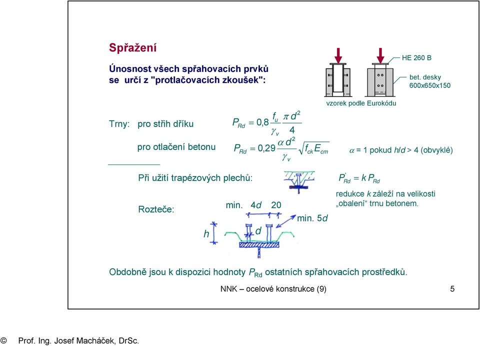 vzorek podle Eurokódu α = pokud h/d > 4 (obvyklé) Při užití trapézových plechů: Rozteče: min. 4d 20 h d min.