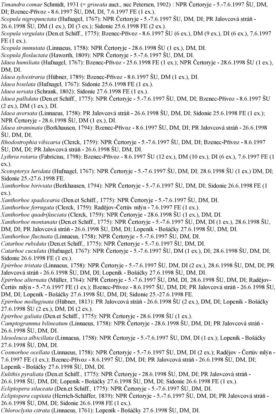 ), DI (6 ex.), 7.6.1997 FE (1 Scopula immutata (Linnaeus, 1758): NPR Čertoryje - 28.6.1998 ŠU (1 ex.), DM, DI. Scopula floslactata (Haworth, 1809): NPR Čertoryje - 5.-7.6.1997 Idaea humiliata (Hufnagel, 1767): Bzenec-Přívoz - 25.