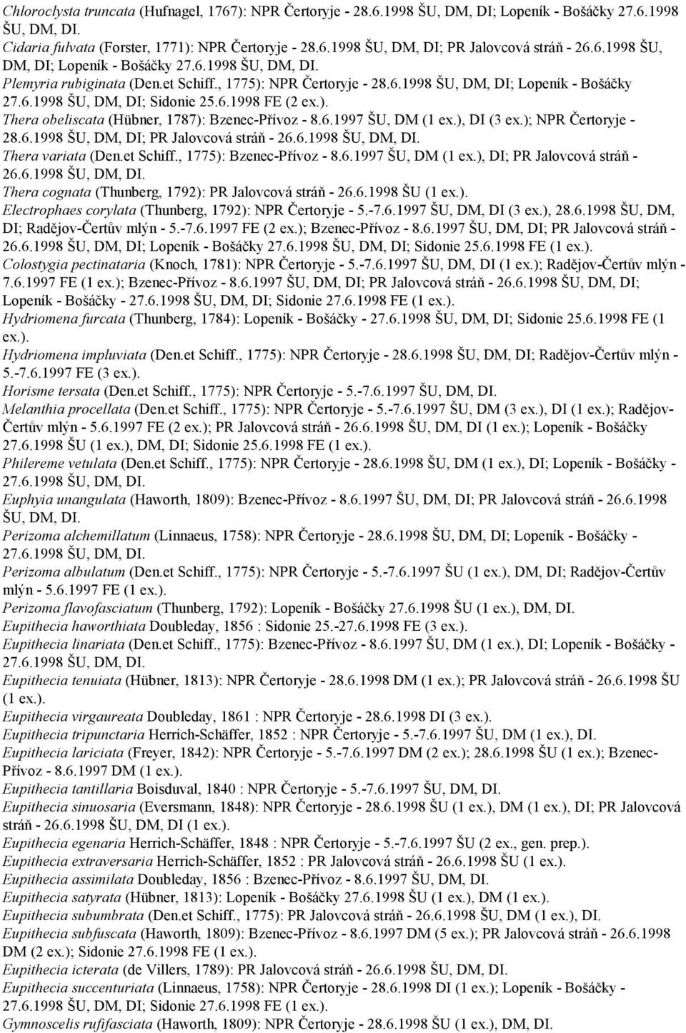 6.1997 ŠU, DM (1 ex.), DI (3 ex.); NPR Čertoryje - 28.6.1998 ŠU, DM, DI; PR Jalovcová stráň - 26.6.1998 Thera variata (Den.et Schiff., 1775): Bzenec-Přívoz - 8.6.1997 ŠU, DM (1 ex.), DI; PR Jalovcová stráň - 26.