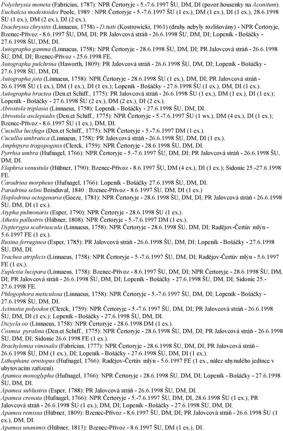 6.1998 ŠU, DM, DI; Lopeník - Bošáčky - Autographa gamma (Linnaeus, 1758): NPR Čertoryje - 28.6.1998 ŠU, DM, DI; PR Jalovcová stráň - 26.6.1998 ŠU, DM, DI; Bzenec-Přívoz - 25.6.1998 FE.