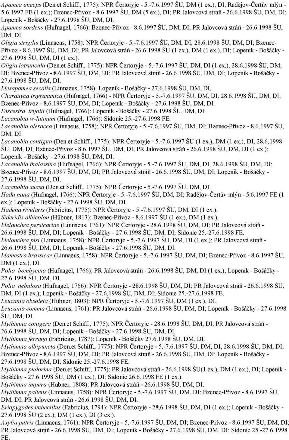 ), DM (1 ex.), DI; Lopeník - Bošáčky - 27.6.1998 ŠU, DM, DI (1 Oligia latruncula (Den.et Schiff., 1775): NPR Čertoryje - 5.-7.6.1997 ŠU, DM, DI (1 ex.), 28.6.1998 ŠU, DM, DI; Bzenec-Přívoz - 8.6.1997 ŠU, DM, DI; PR Jalovcová stráň - 26.