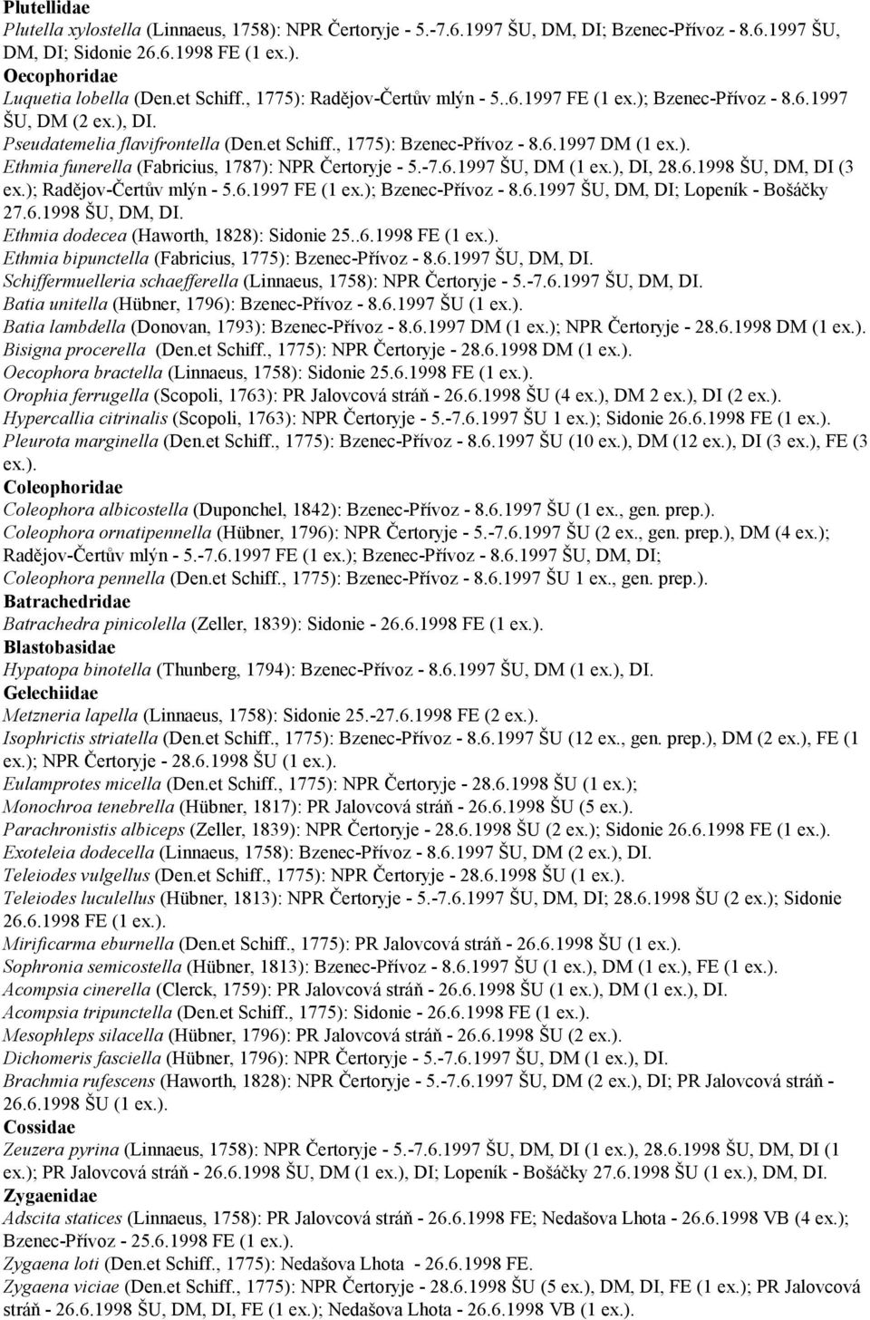 -7.6.1997 ŠU, DM (1 ex.), DI, 28.6.1998 ŠU, DM, DI (3 ex.); Radějov-Čertův mlýn - 5.6.1997 FE (1 ex.); Bzenec-Přívoz - 8.6.1997 ŠU, DM, DI; Lopeník - Bošáčky Ethmia dodecea (Haworth, 1828): Sidonie 25.