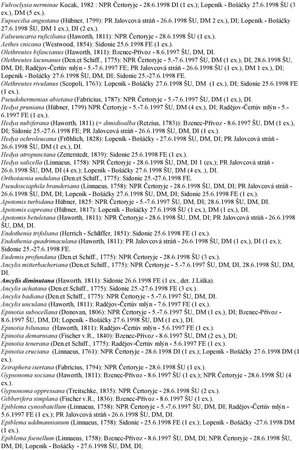 6.1997 Olethreutes lacunanus (Den.et Schiff., 1775): NPR Čertoryje - 5.-7.6.1997 ŠU, DM (1 ex.), DI, 28.6.1998 ŠU, DM, DI; Radějov-Čertův mlýn - 5.-7.6.1997 FE; PR Jalovcová stráň - 26.6.1998 ŠU (1 ex.
