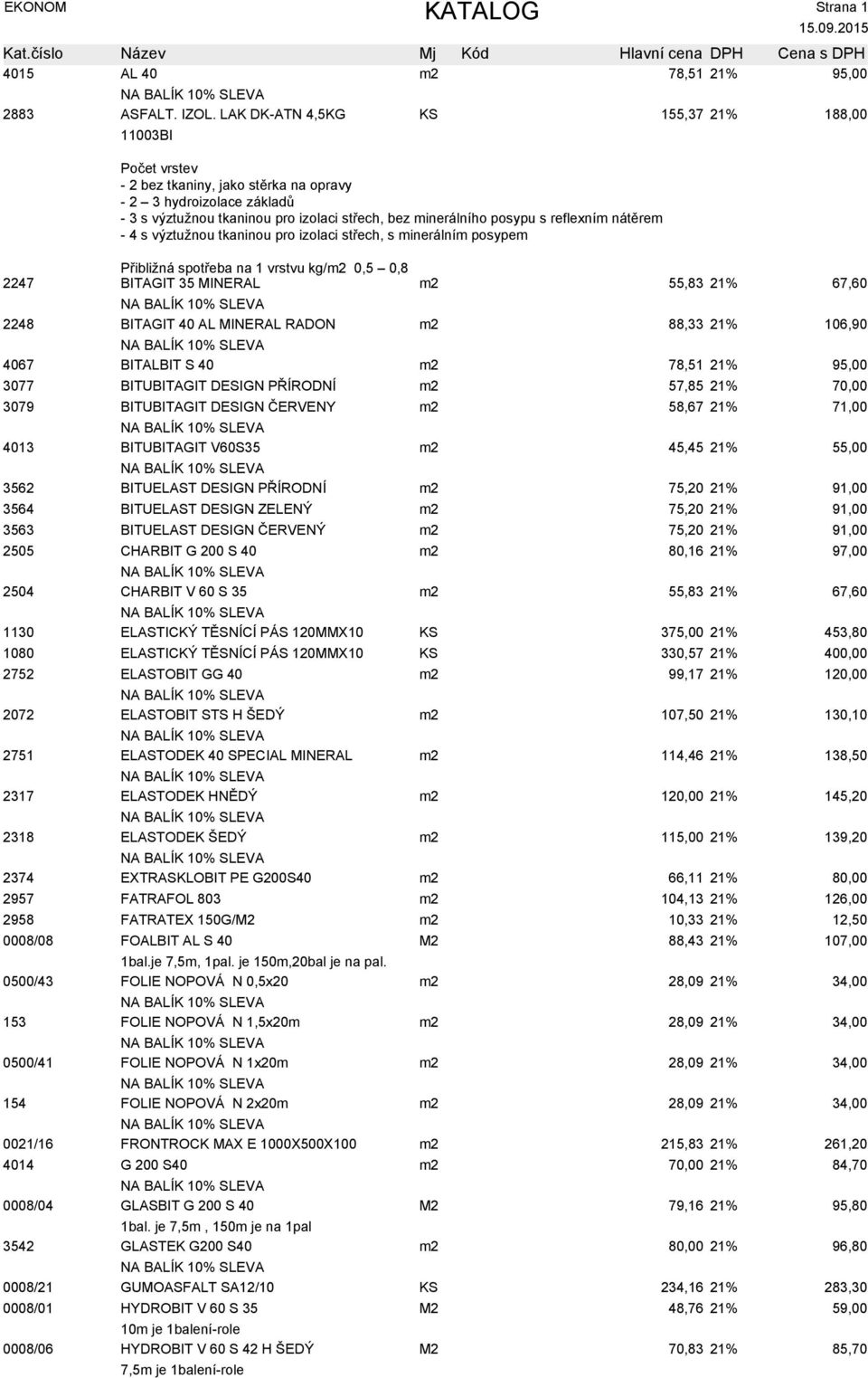 reflexním nátěrem - 4 s výztužnou tkaninou pro izolaci střech, s minerálním posypem Přibližná spotřeba na 1 vrstvu kg/m2 0,5 0,8 2247 BITAGIT 35 MINERAL m2 55,83 21% 2248 BITAGIT 40 AL MINERAL RADON