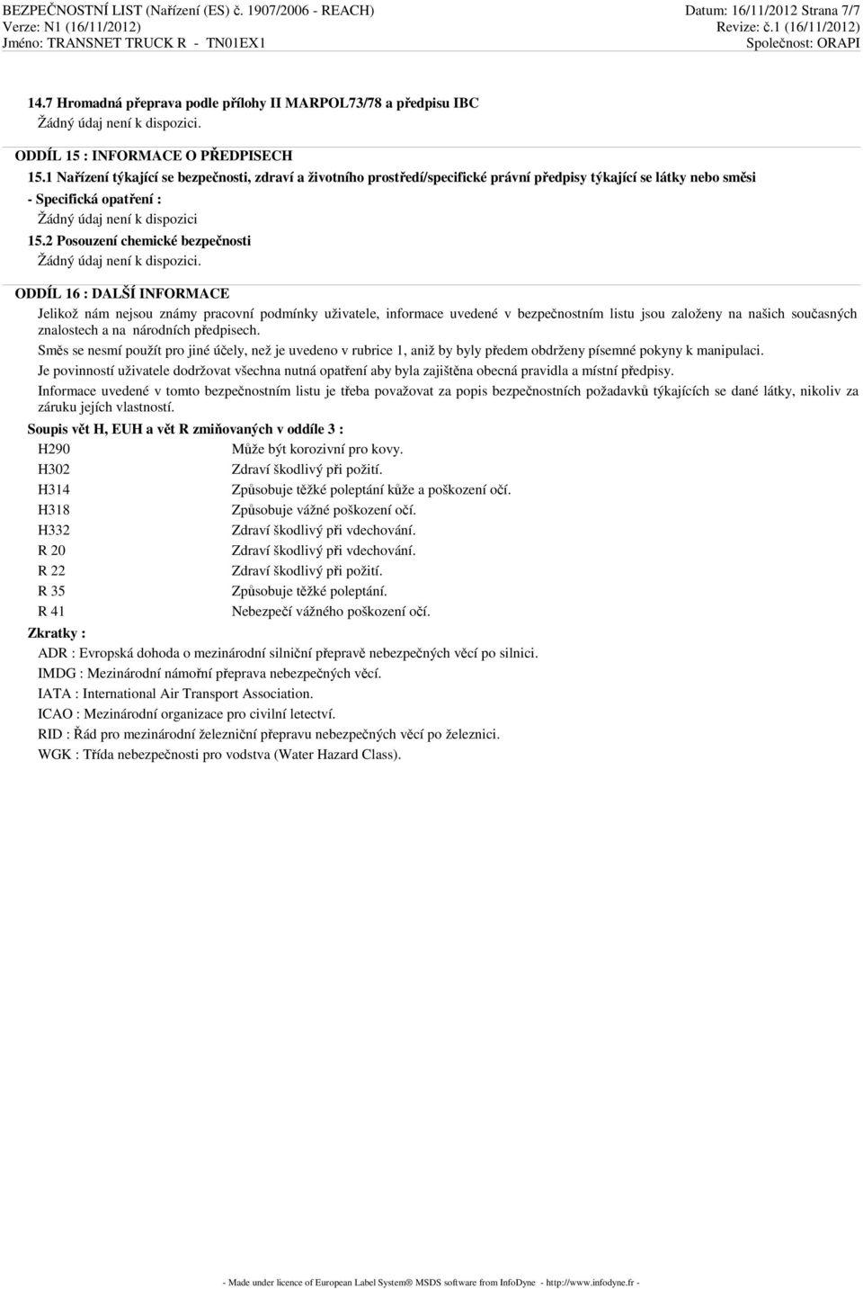 ODDÍL 16 : DALŠÍ INFORMACE Jelikož nám nejsou známy pracovní podmínky uživatele, informace uvedené v bezpečnostním listu jsou založeny na našich současných znalostech a na národních předpisech.