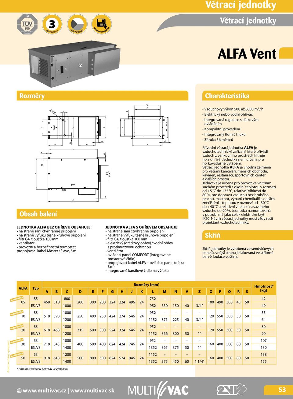 tloušťka 100 mm elektrický (drátkový ohřev) / vodní ohřev s protimrazovou ochranou ventilátor ovládací panel COMFORT (integrované prostorové čidlo) propojovací kabel ALFA ovládací panel (délka 8 m)