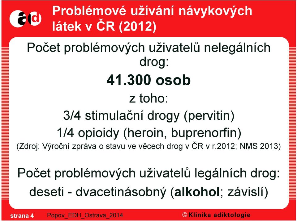 300 osob z toho: 3/4 stimulační drogy (pervitin) 1/4 opioidy (heroin, buprenorfin)