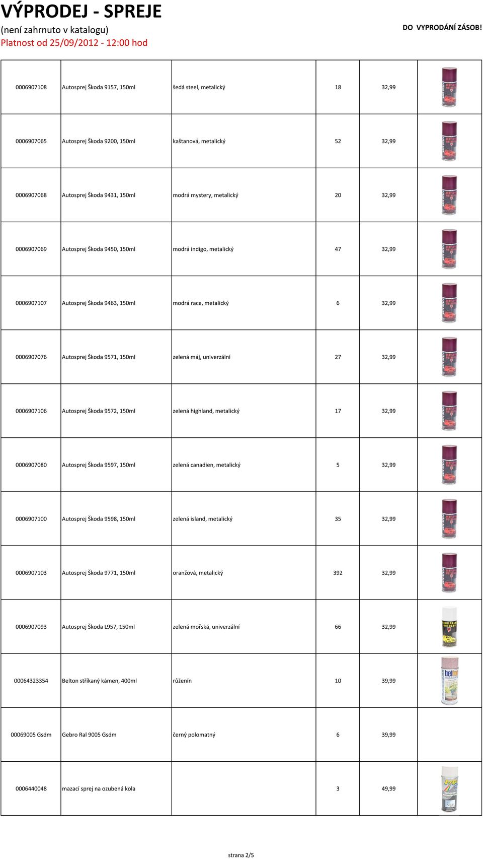 Škoda 9571, 150ml zelená máj, univerzální 27 32,99 0006907106 Autosprej Škoda 9572, 150ml zelená highland, metalický 17 32,99 0006907080 Autosprej Škoda 9597, 150ml zelená canadien, metalický 5 32,99