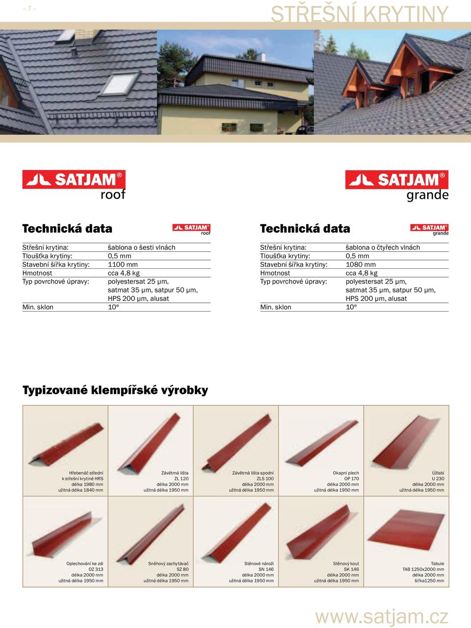 sklon 10º Technická data Střešní krytina: šablona o čtyřech vlnách Tloušťka krytiny: 0,5 mm Stavební šířka krytiny: 1080 mm Hmotnost cca 4,8 kg Typ povrchové úpravy: polyestersat 25 µm, satmat 35 
