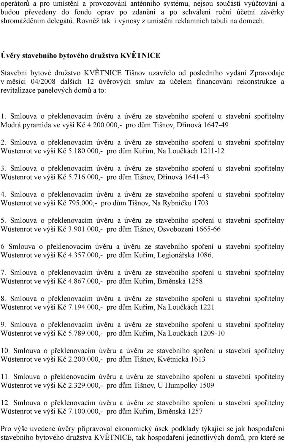 Úvěry stavebního bytového družstva KVĚTNICE Stavební bytové družstvo KVĚTNICE Tišnov uzavřelo od posledního vydání Zpravodaje v měsíci 04/2008 dalších 12 úvěrových smluv za účelem financování