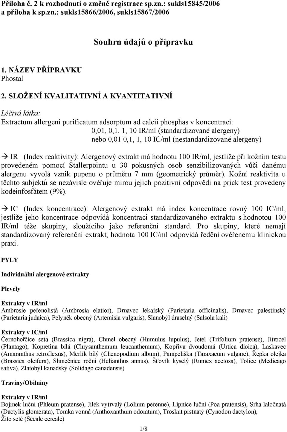 IC/ml (nestandardizované alergeny) IR (Index reaktivity): Alergenový extrakt má hodnotu 100 IR/ml, jestliže při kožním testu provedeném pomocí Stallerpointu u 30 pokusných osob senzibilizovaných vůči