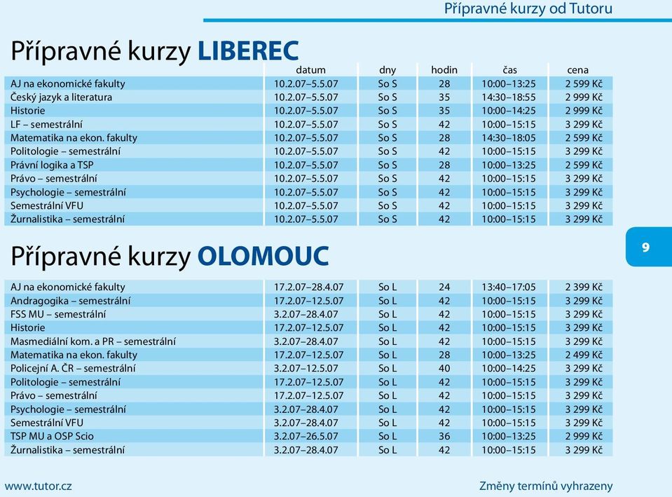 2.07 5.5.07 So S 42 10:00 15:15 3 299 Kč Právní logika a TSP 10.2.07 5.5.07 So S 28 10:00 13:25 2 599 Kč Právo semestrální 10.2.07 5.5.07 So S 42 10:00 15:15 3 299 Kč Psychologie semestrální 10.2.07 5.5.07 So S 42 10:00 15:15 3 299 Kč Semestrální VFU 10.