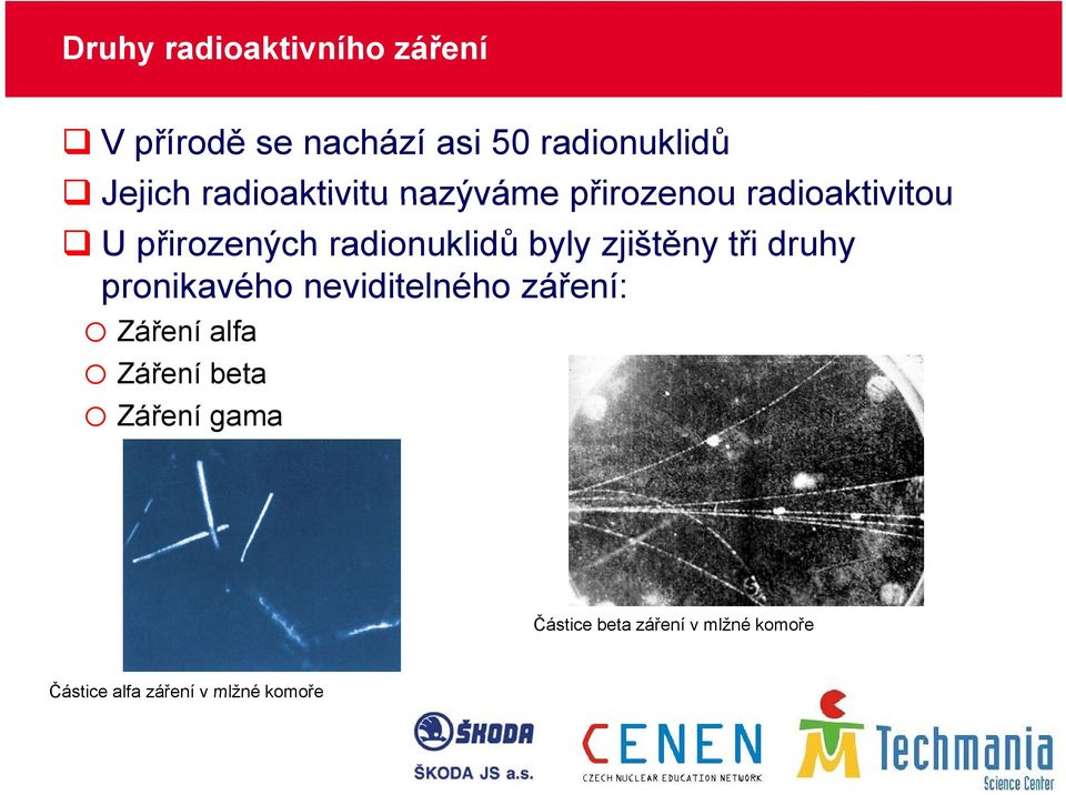 zjištěny tři druhy pronikavého neviditelného záření: o Záření alfa o Záření beta