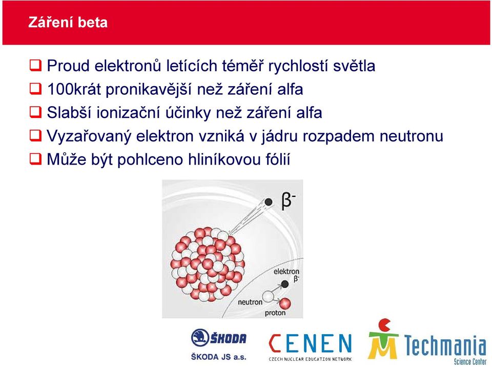 ionizační účinky než záření alfa Vyzařovaný elektron
