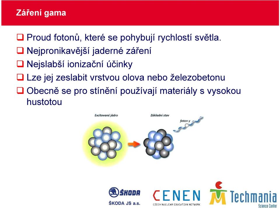 Nejpronikavější jaderné záření Nejslabší ionizační účinky