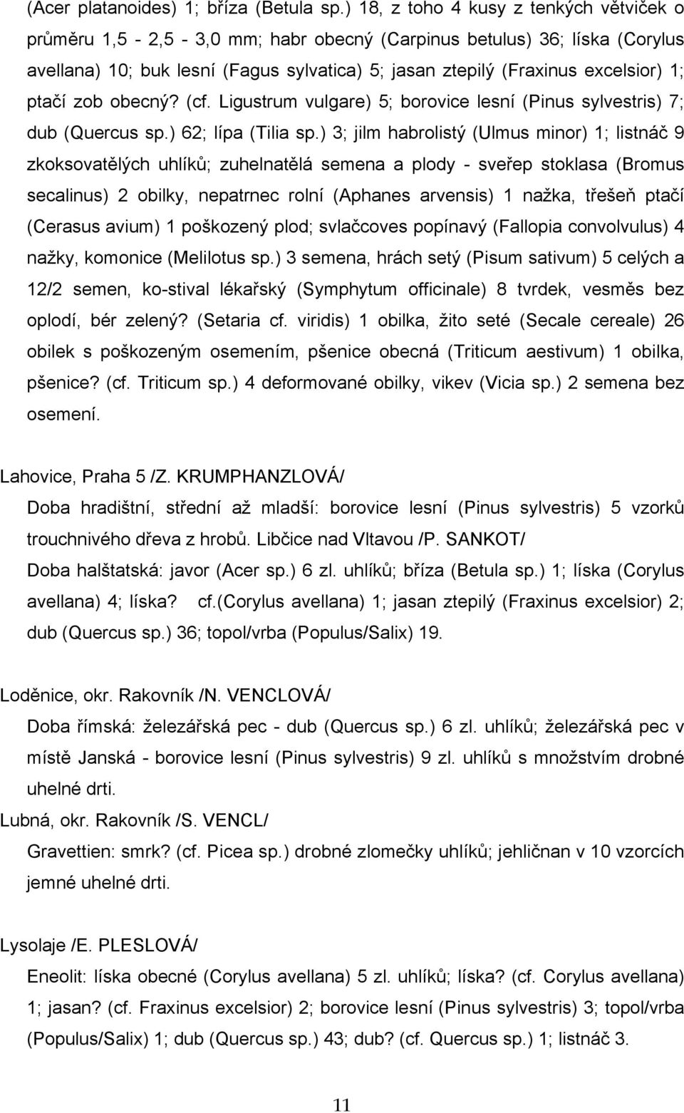 (cf Ligustrum vulgare) 5; borovice lesní (Pinus sylvestris) 7; dub (Quercus sp) 6; lípa (Tilia sp) 3; jilm habrolistý (Ulmus minor) ; listnáč 9 zkoksovatělých uhlíků; zuhelnatělá semena a plody
