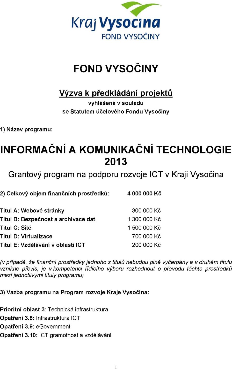 ICT 300 000 Kč 1 300 000 Kč 1 500 000 Kč 700 000 Kč 200 000 Kč (v případě, že finanční prostředky jednoho z titulů nebudou plně vyčerpány a v druhém titulu vznikne převis, je v kompetenci řídícího