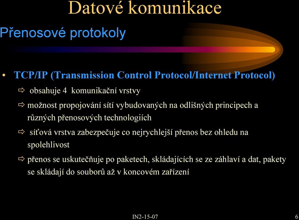 technologiích síťová vrstva zabezpečuje co nejrychlejší přenos bez ohledu na spolehlivost přenos se